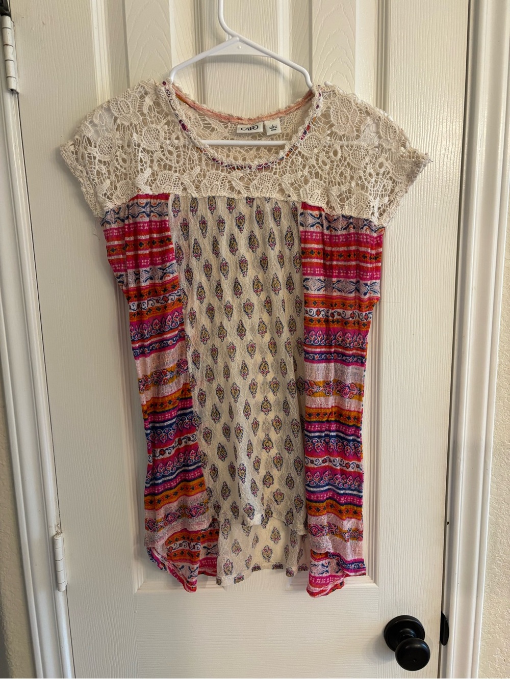 Cato Womens Boho Lace Crochet Mixed Print Short Sleeve Tunic Top Size L